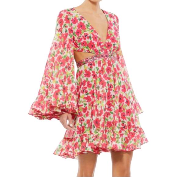 Mac Duggal NWT Floral Print Bell Sleeve Mini Dress in Pink Multi Size 6 - Picture 1 of 8